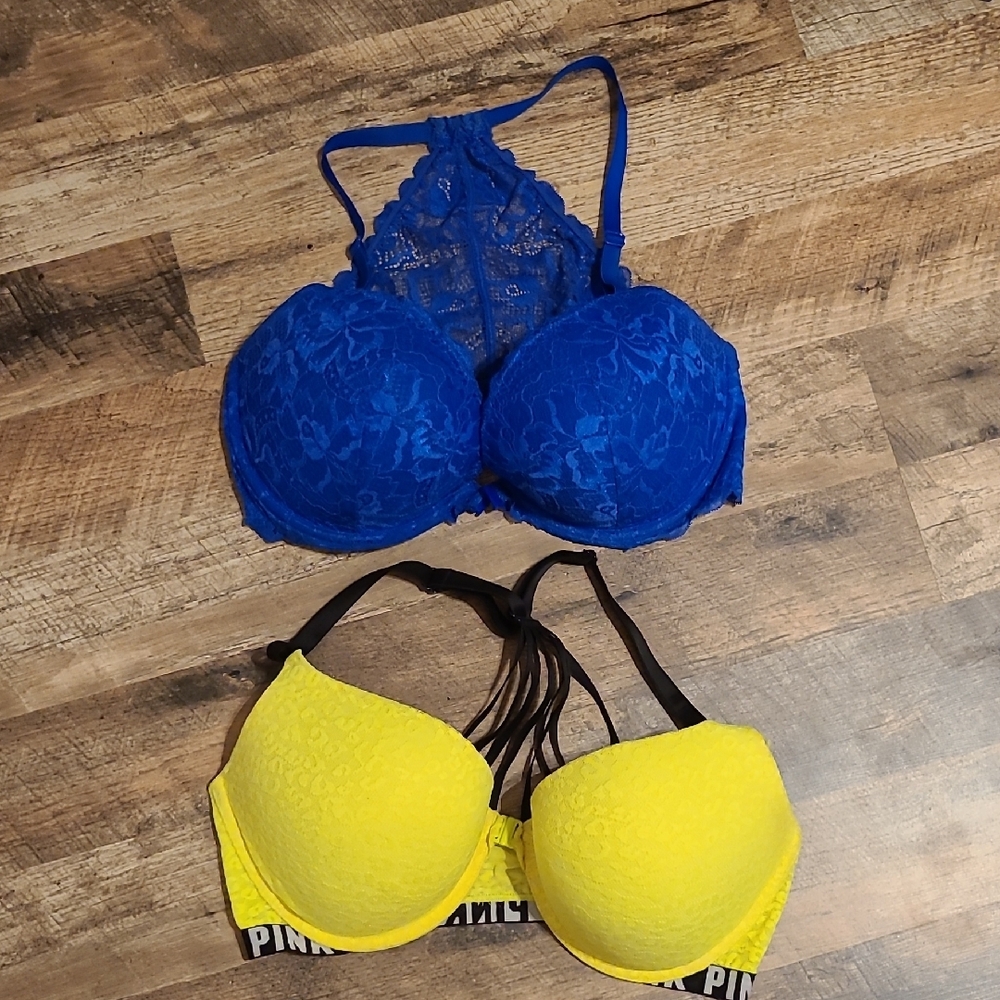 Set Of Blue and Yellow Lace Bras